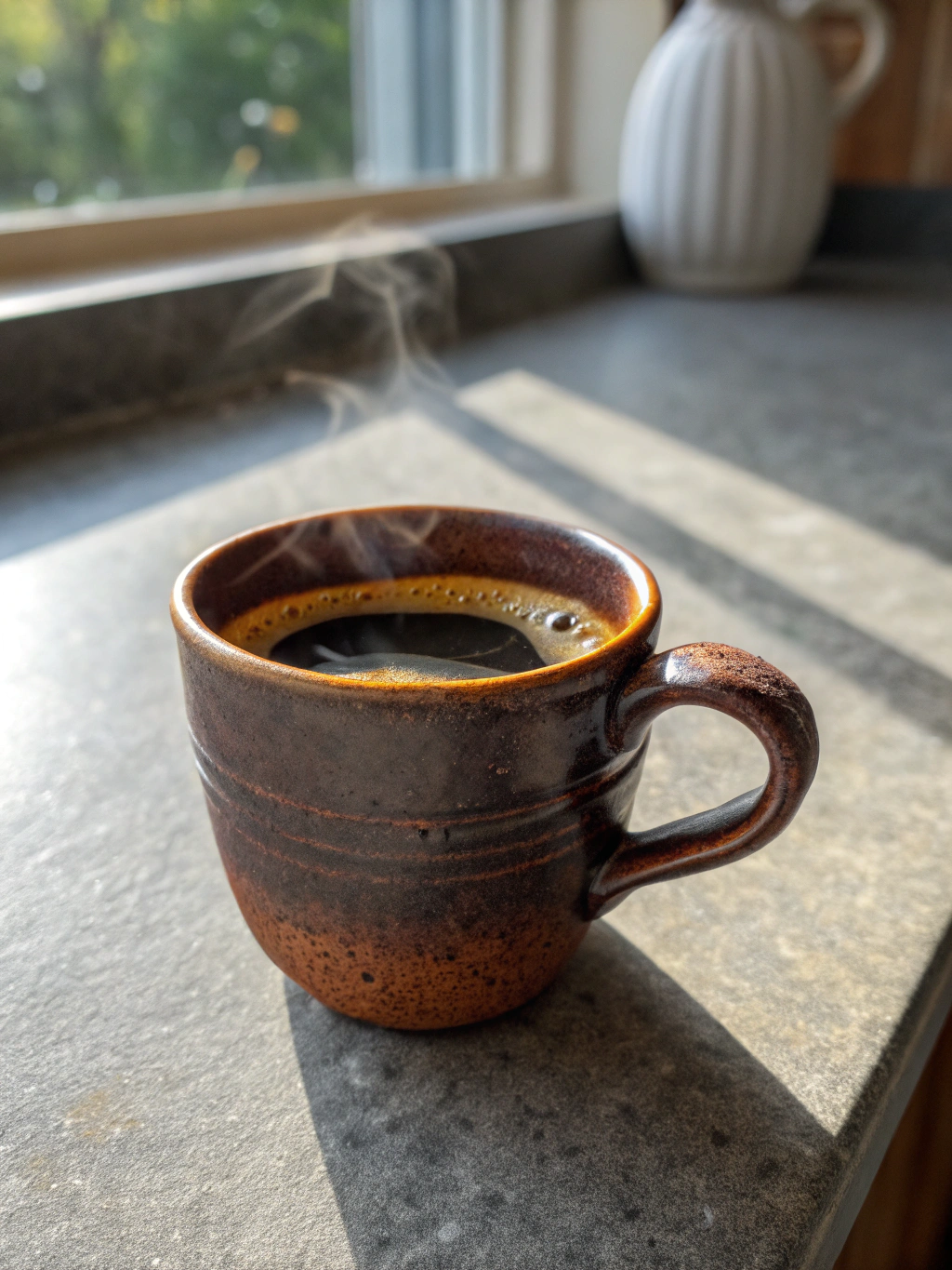 Shadow and light playing across dark Nordic slate and wood textures