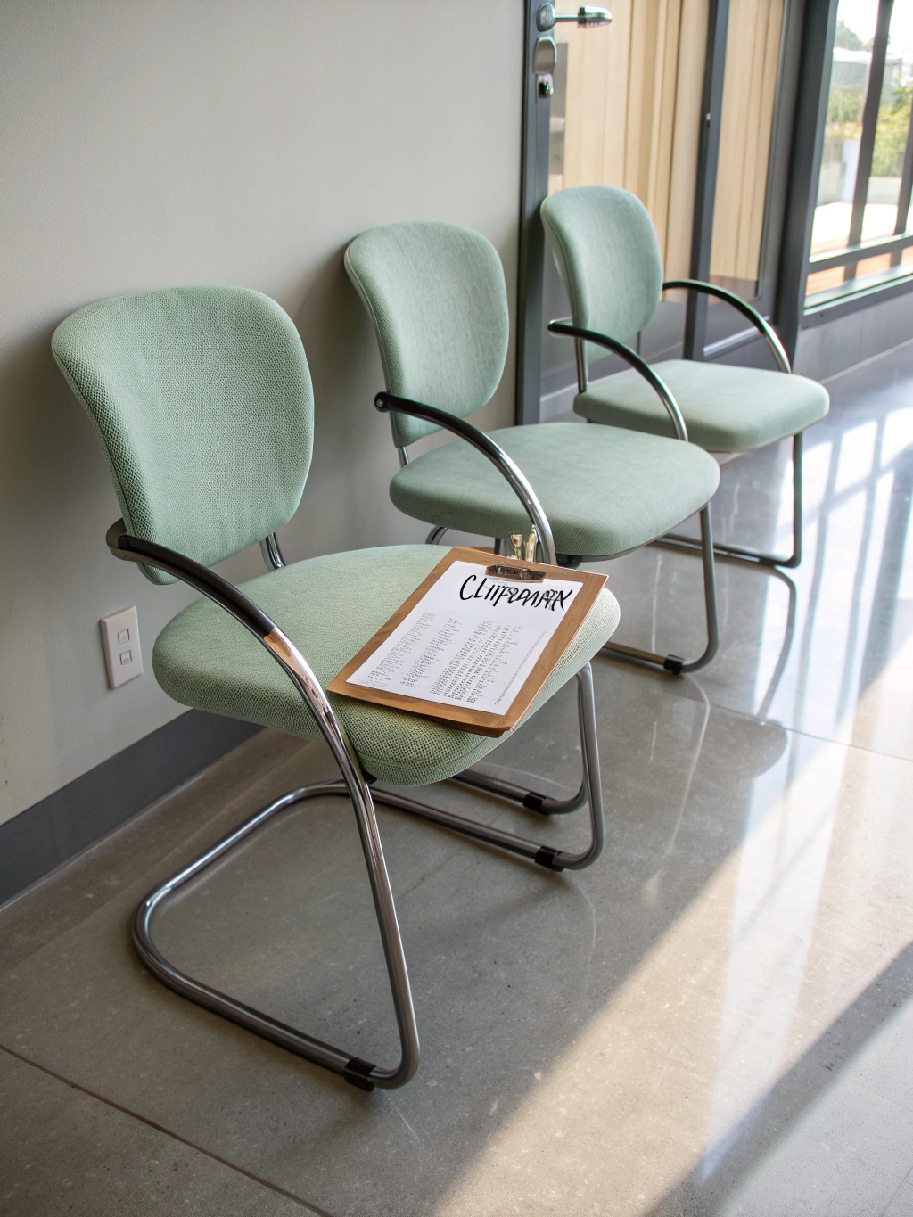 Minimalist seating against raw concrete walls in our main hall